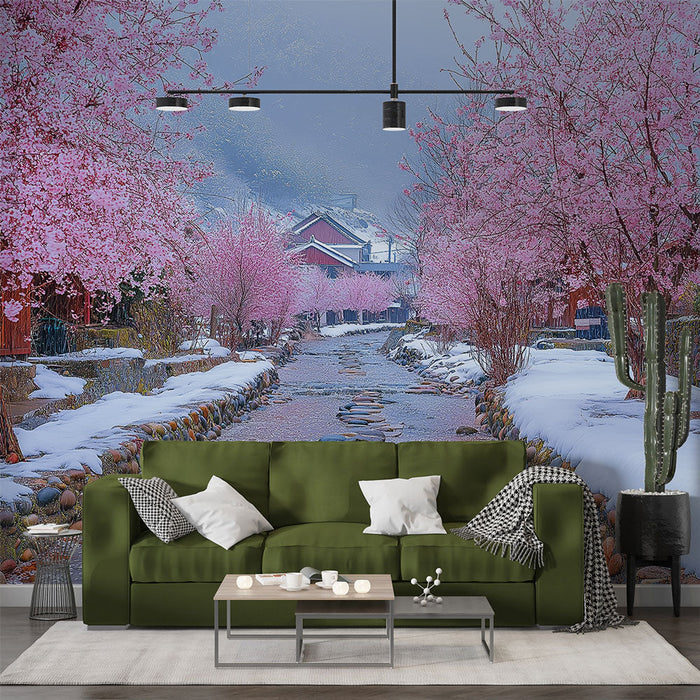 Tapete Kirschbaum | Friedliche Straße gesäumt von blühenden Kirschbäumen unter dem Schnee