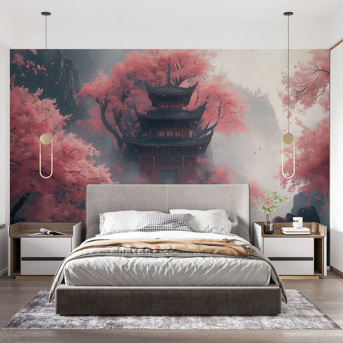 Seinapilt kirsikad õites | Võluv maastik templi all roosade kirsipuude all