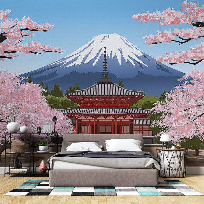Tapete cerisiers en fleurs | Paysage japonais avec Mont Fuji