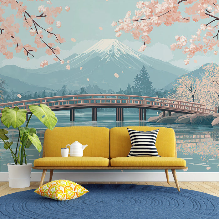 Fototapet kirsebærblomster | Traditionel bro og fredelig bjerg under en beroligende himmel