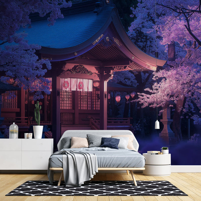 Фототапет цъфтящи вишни | Храм осветен под нощните вишневи дървета