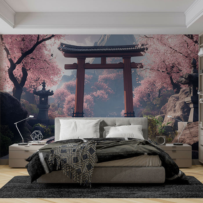 Тапет черешови цветове | Очарователна пътека под традиционен тории