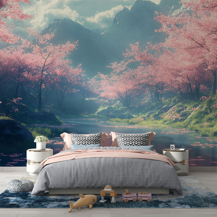 Papel de parede cerejeiras | Uma paisagem encantadora de cerejeiras cor-de-rosa ao lado de um rio tranquilo