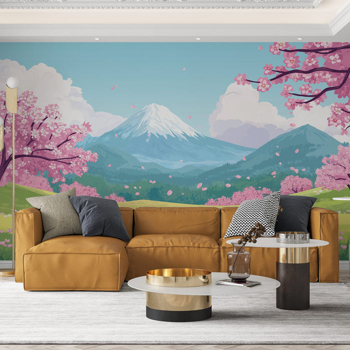 Fototapet κερασιάς | Ένα ειδυλλιακό τοπίο με ροζ ανθισμένα κερασιές και μαγευτικά βουνά