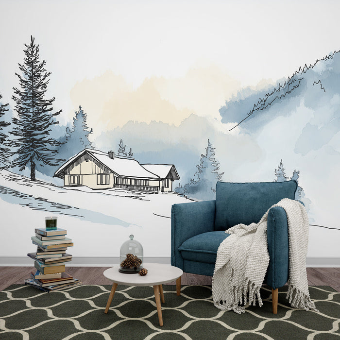 Mural Wallpaper chalet in the mountains | Delicate illustration of a chalet under the snow
