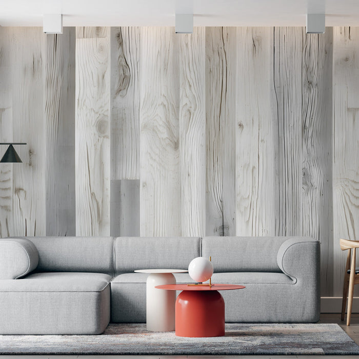 Wood-Effect Mural Wallpaper | Vertical White and Gray Paneling