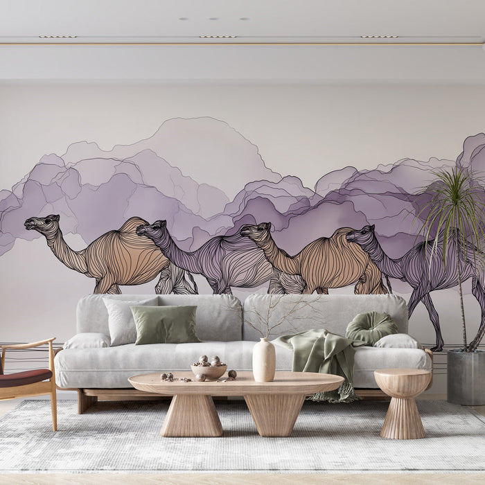 Carta da parati cammelli | Cammelli stilizzati su uno sfondo nuvoloso pastello