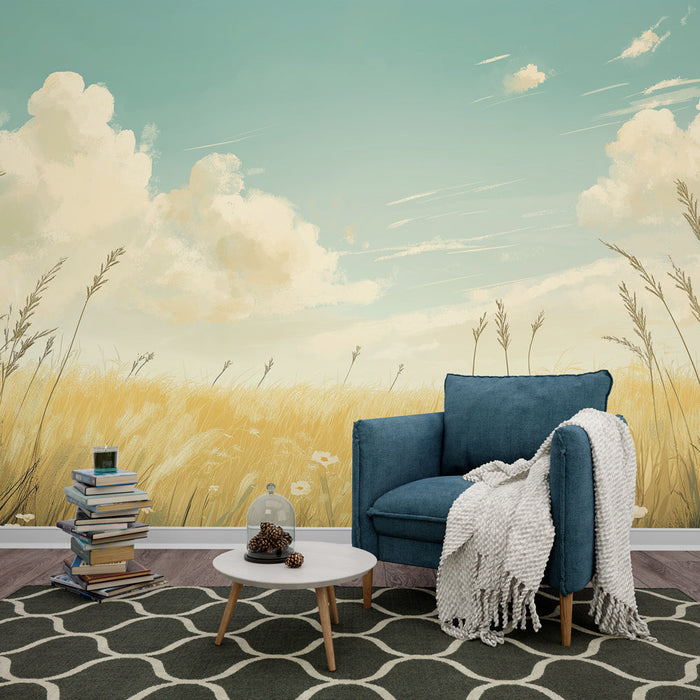 "Pastoraalinen seinätapetti | Viljapelto ja kukat auringonpaisteessa"