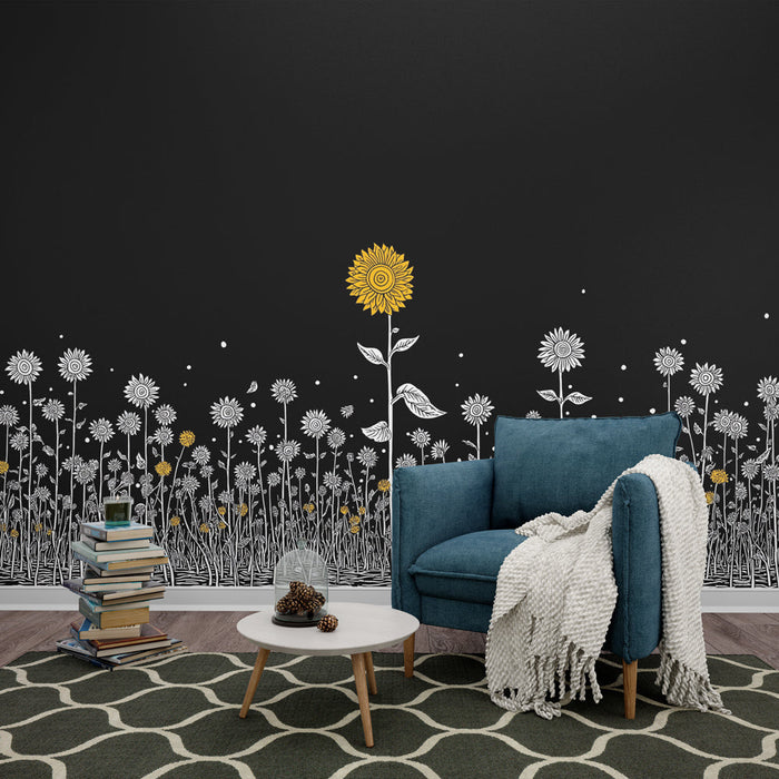 Tapete champêtre | Ein Feld von stilisierten Blumen auf schwarzem Hintergrund mit goldenen Sonnen