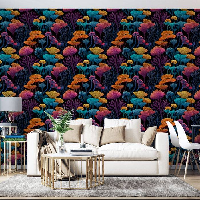 Fototapet farverige svampe | Svampemønster på en sort baggrund