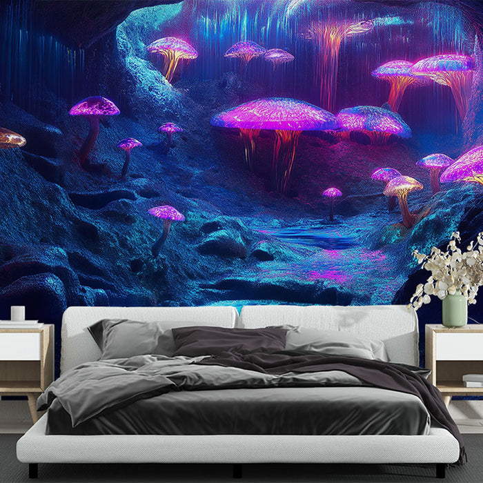 Mural Wallpaper glowing mushrooms | A magical landscape of fluorescent mushrooms in a cave