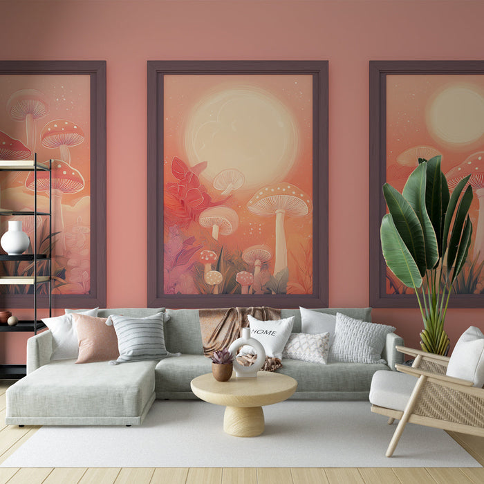 Tapete Pilze | Trio von Gemälden mit Pilzen unter einem Pastellhimmel