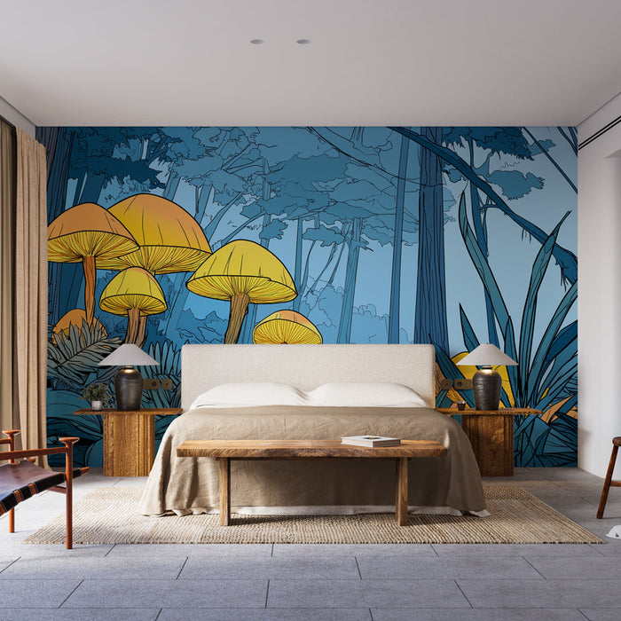 Mural Wallpaper champignons | Enchanted universe with luminous mushrooms