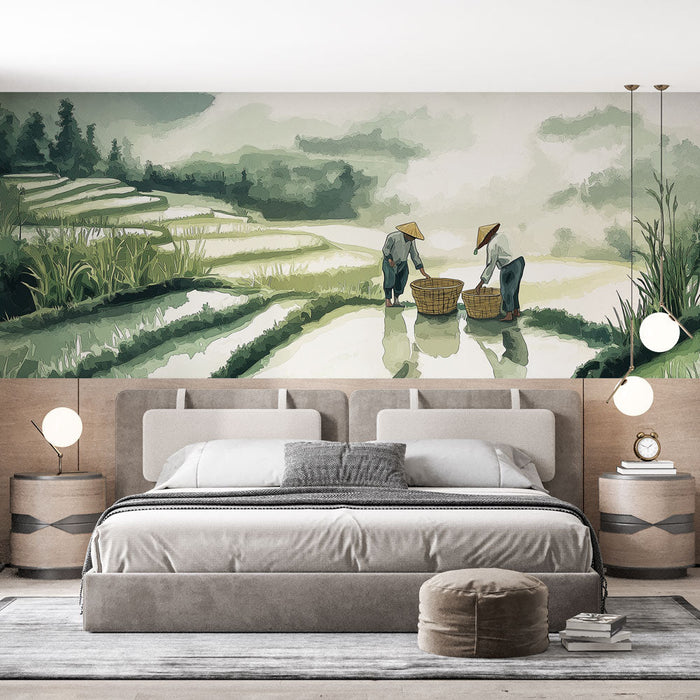 Carta da parati campi di riso | Illustrazioni artistiche di risaie e lavoratori