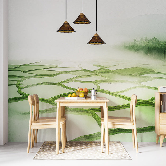 Ταπετσαρία τοιχογραφίας χωράφια ρυζιού | Τοπίο με καταπράσινες βεράντες στην ομίχλη