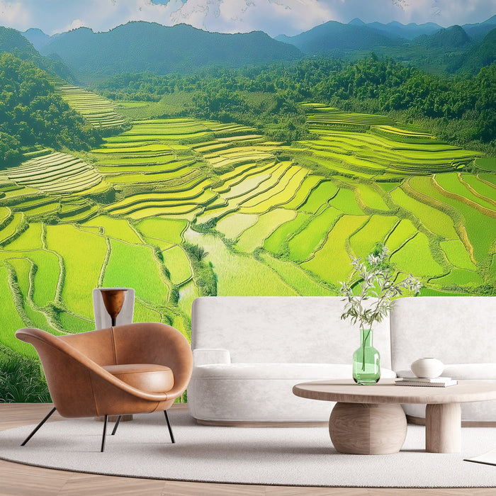 Riisipõllu seinamaaling | Lopsakate terrassitud riisipõldude elav panoraam