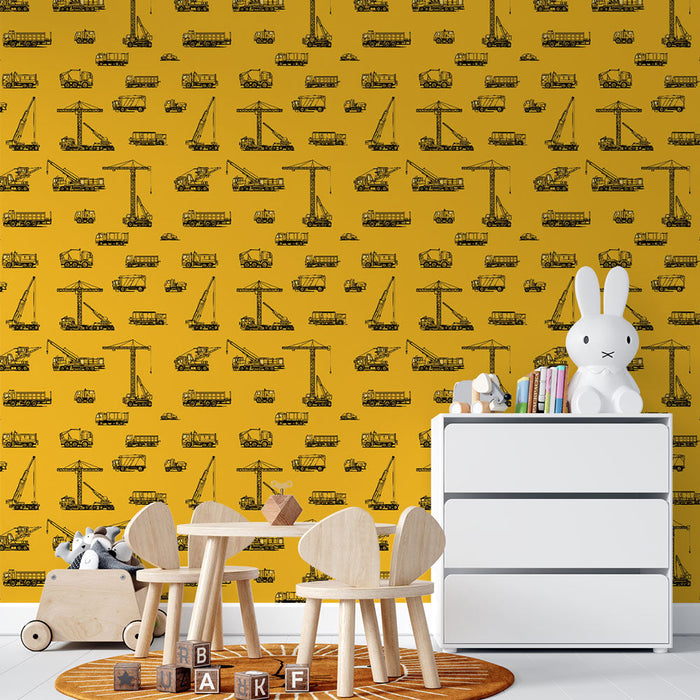 Mural Wallpaper chantier | Construction vehicle patterns on yellow background