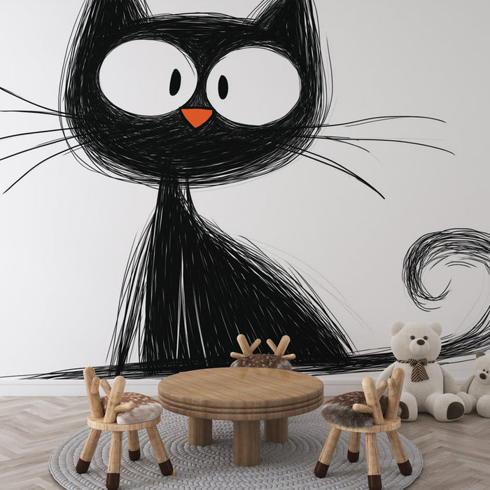 Fototapet sanatsal kedi | Büyük gözlü siyah bir kedinin stilize çizimi