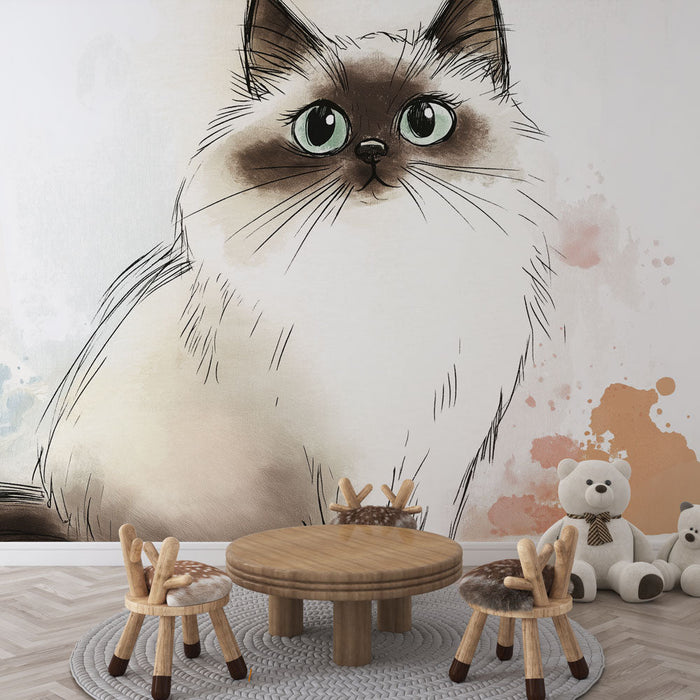 Carta da parati artistica gatto | Illustrazioni di un elegante gatto con schizzi d'acquerello