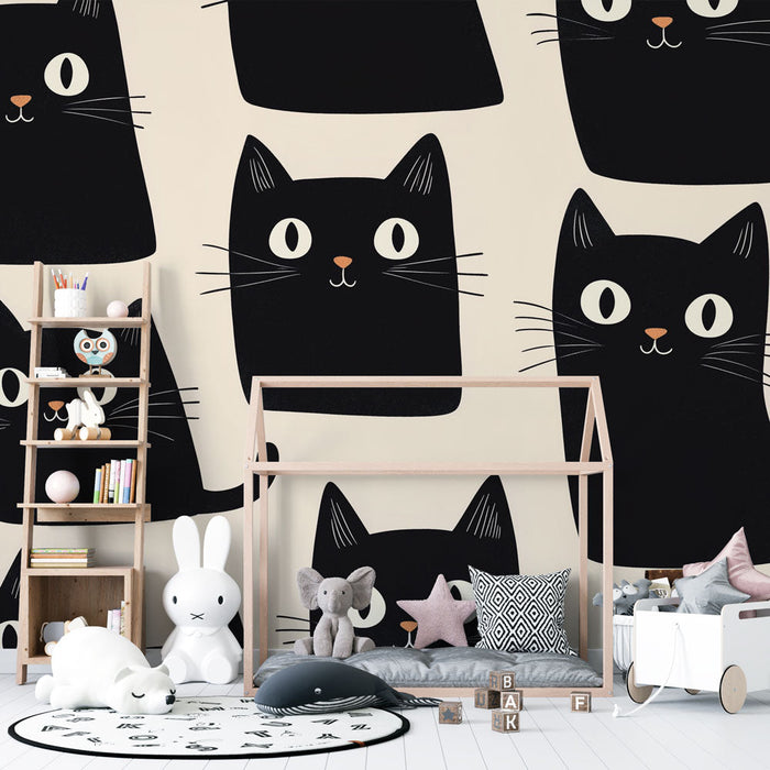 Стенописен тапет котка | Очарователни шарки на черни котки на светъл фон
