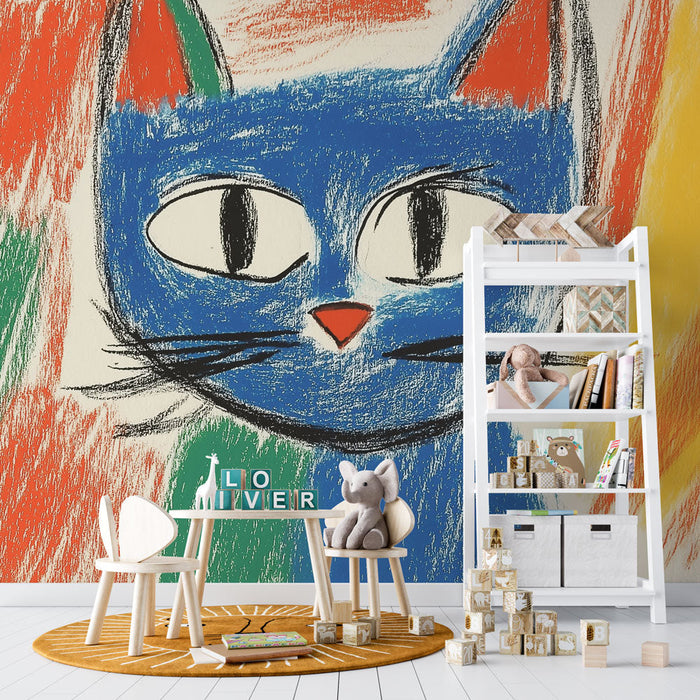 Fototapet färgglad katt | Illustration av en blå katt omgiven av starka färger