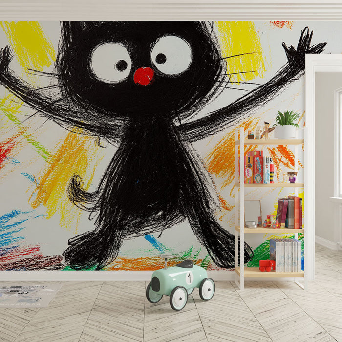 Mural Wallpaper colorful cat | A joyful black cat on a bright pastel background
