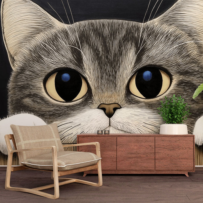 Foto Behang kat | Details van een kat met een expressieve blik op een donkere achtergrond