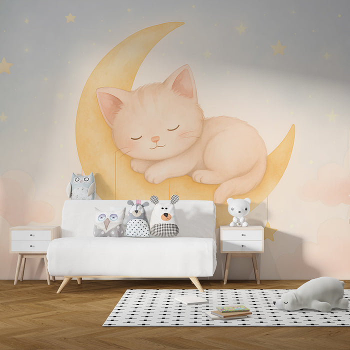 Mural Wallpaper sleepy cat on moon | Peaceful kitten in a starry nocturnal landscape