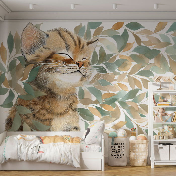 Mural Wallpaper cat and foliage | A smiling kitten surrounded by delicate leaves
