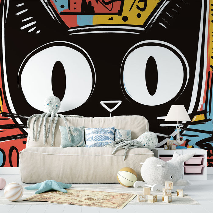 Tapeta grafika mačka | Lice crne mačke na šarenom i apstraktnom pozadini