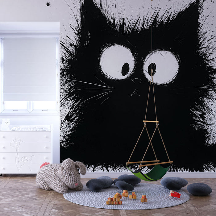 Tapeta kocka | Hravá ilustrace černé kočky s velkýma očima