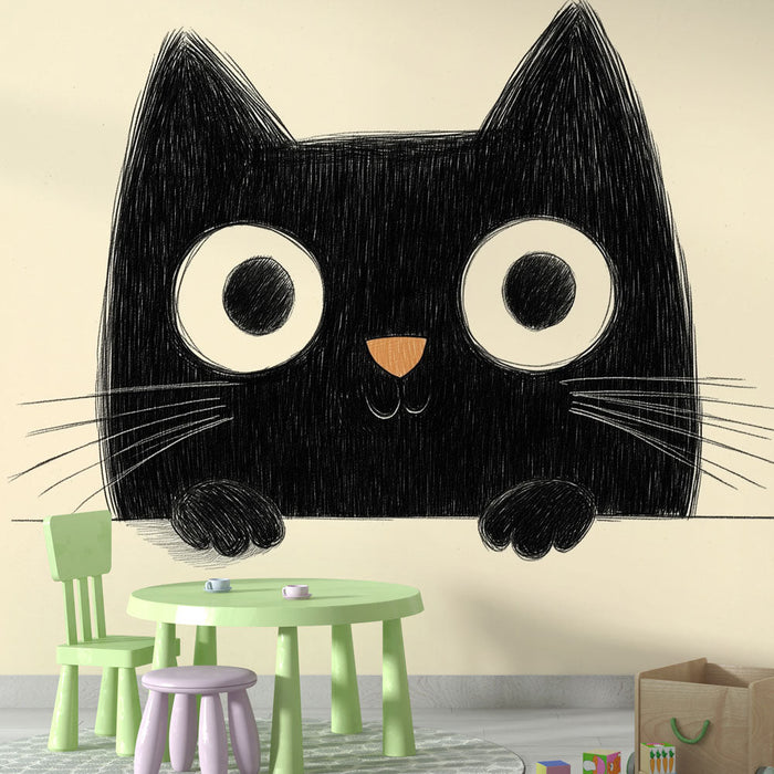 Mural Wallpaper cute cat | Illustration of a black cat with big eyes