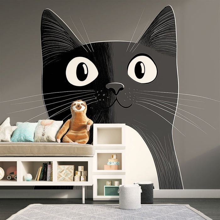 Tapeta Srčkan maček | Ilustracija črnega in belega mačka v grafičnem slogu