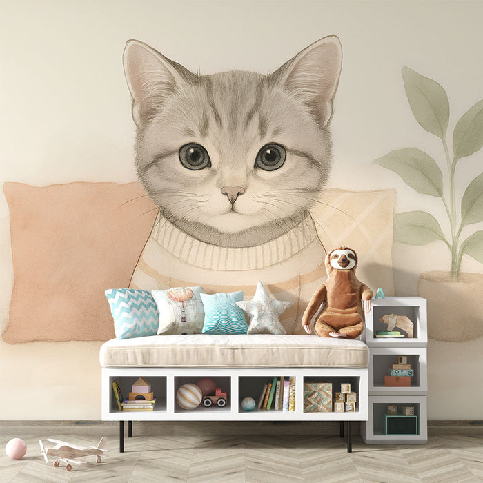 Mural Wallpaper cute cat | An adorable kitten wearing a striped sweater on a soft background