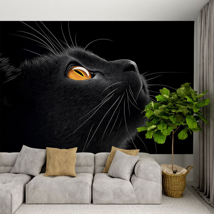 Mural Wallpaper black cat | Artistic portrait of a black cat with orange eyes