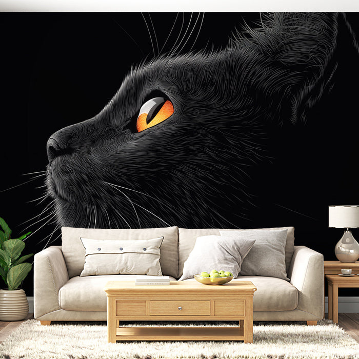 Mural Wallpaper black cat | Elegant profile of a black cat with orange eyes