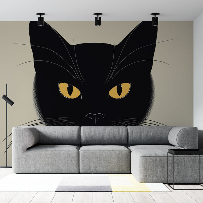 Tapet pisică neagră | Fața stilizată a unei pisici negre cu ochi aurii