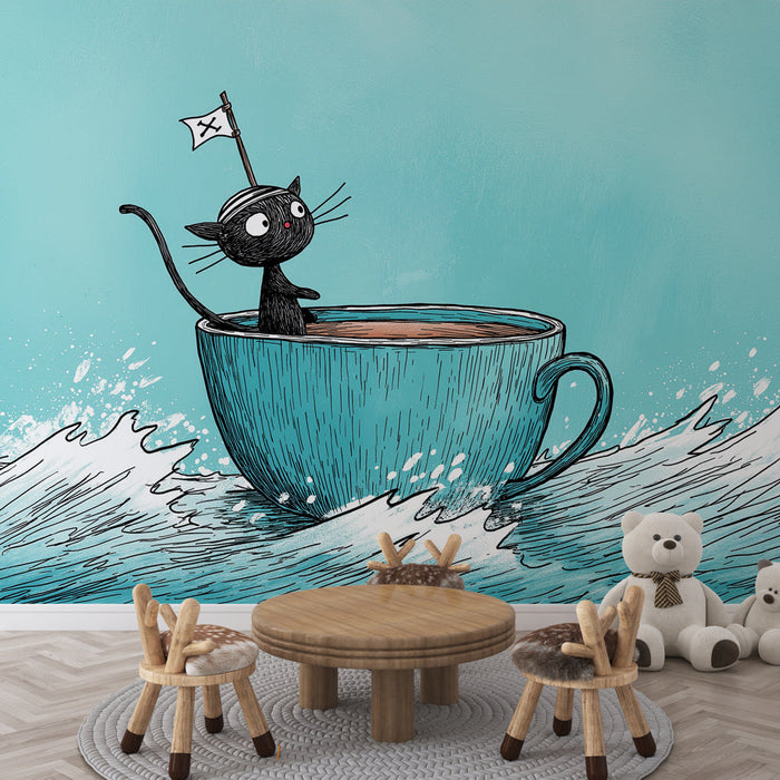 Fotó tapéta chat pirate | Chat noir aventurier naviguant sur une tasse géante