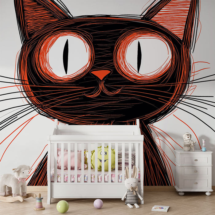 Tapet stiliseret kat | Illustration af en sort kat med store og udtryksfulde øjne