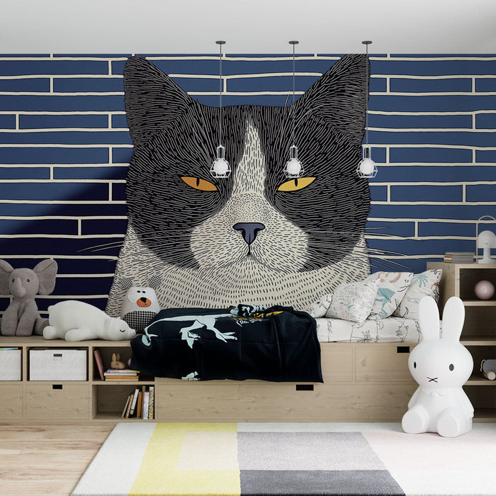 Fototapeet stiliseeritud kass | Graafiline illustratsioon kassist sinisel taustal