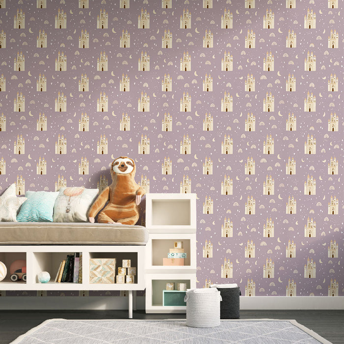 Carta da parati château | Castelli affascinanti su sfondo lilla con motivi celesti