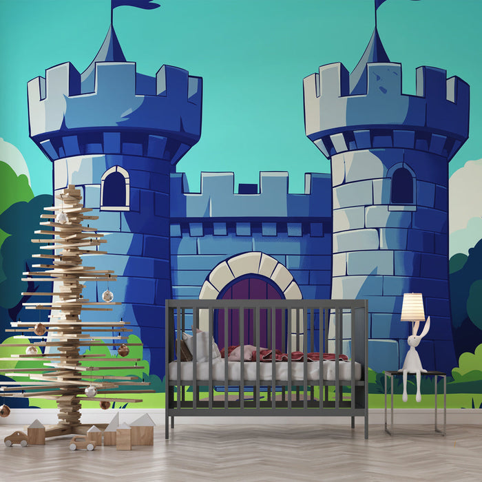 Mural Wallpaper castle | Stylized animated castle surrounded by greenery