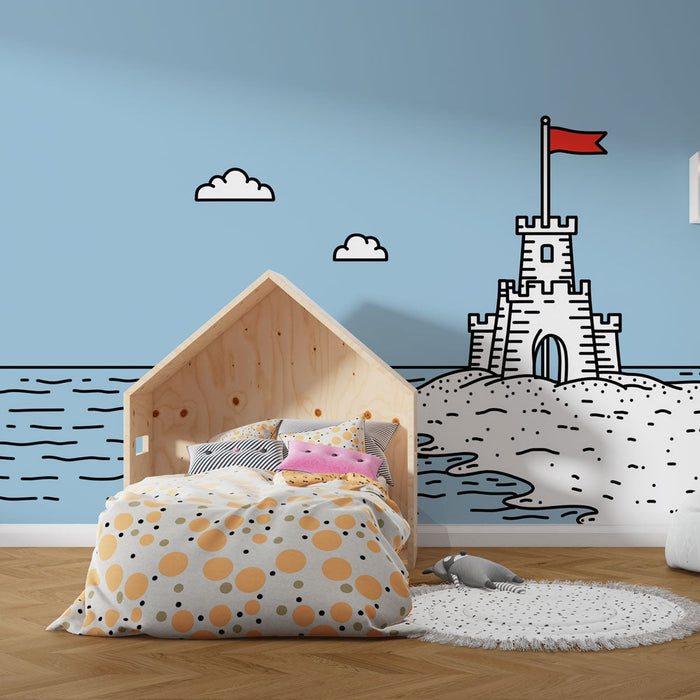 Ταπετσαρία τοιχογραφίας κάστρου | Κάστρο με κόκκινη σημαία στην άκρη του ωκεανού