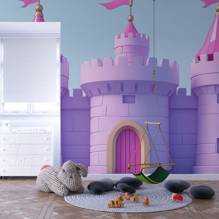 Mural Wallpaper fairy tale castle | Pastel castle with towers and pink flags