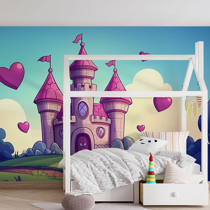 Mural Wallpaper fairy tale castle | Romantic castle with floating hearts