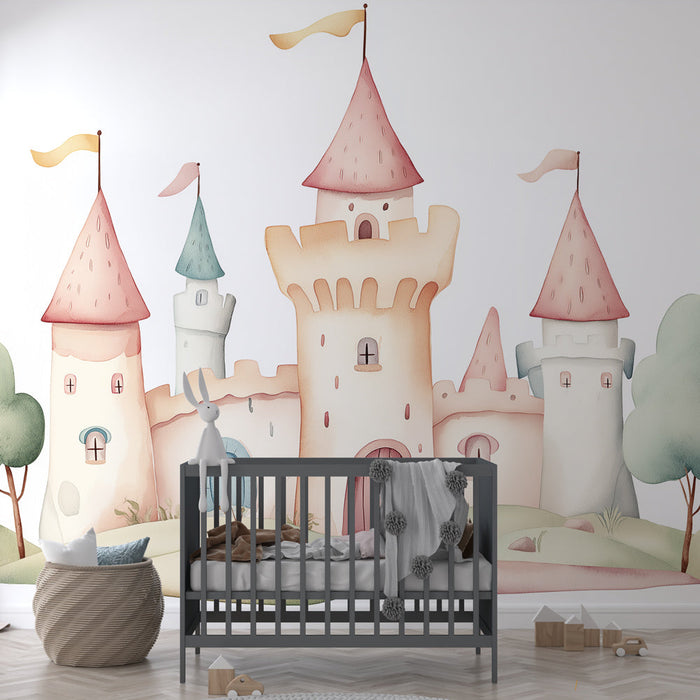 Mural Wallpaper fairy castle | Vakker fargerik slott med tårn og myke trær