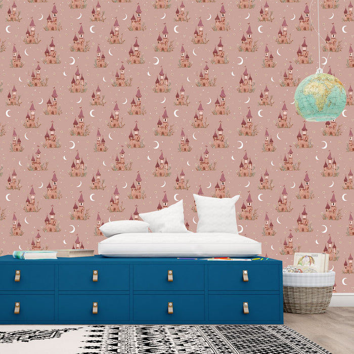 Foto Behang sprookjeskasteel | Kleine kastelen met maan op roze achtergrond