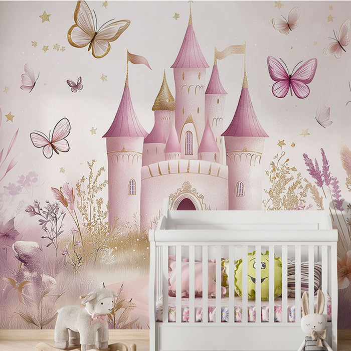 Mural Wallpaper fairy tale castle | An enchanted world with a pink castle and butterflies