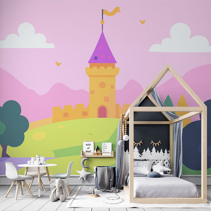 Mural Wallpaper fairy tale castle | An enchanting landscape with a colorful castle and gentle hills