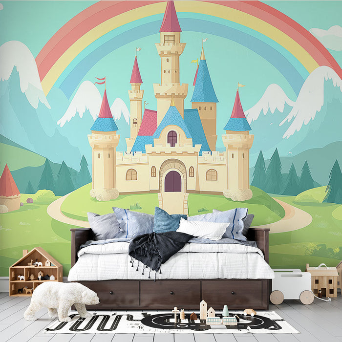 Mural Wallpaper fairy tale castle | En fortryllende landskap med et fargerikt slott og en regnbue